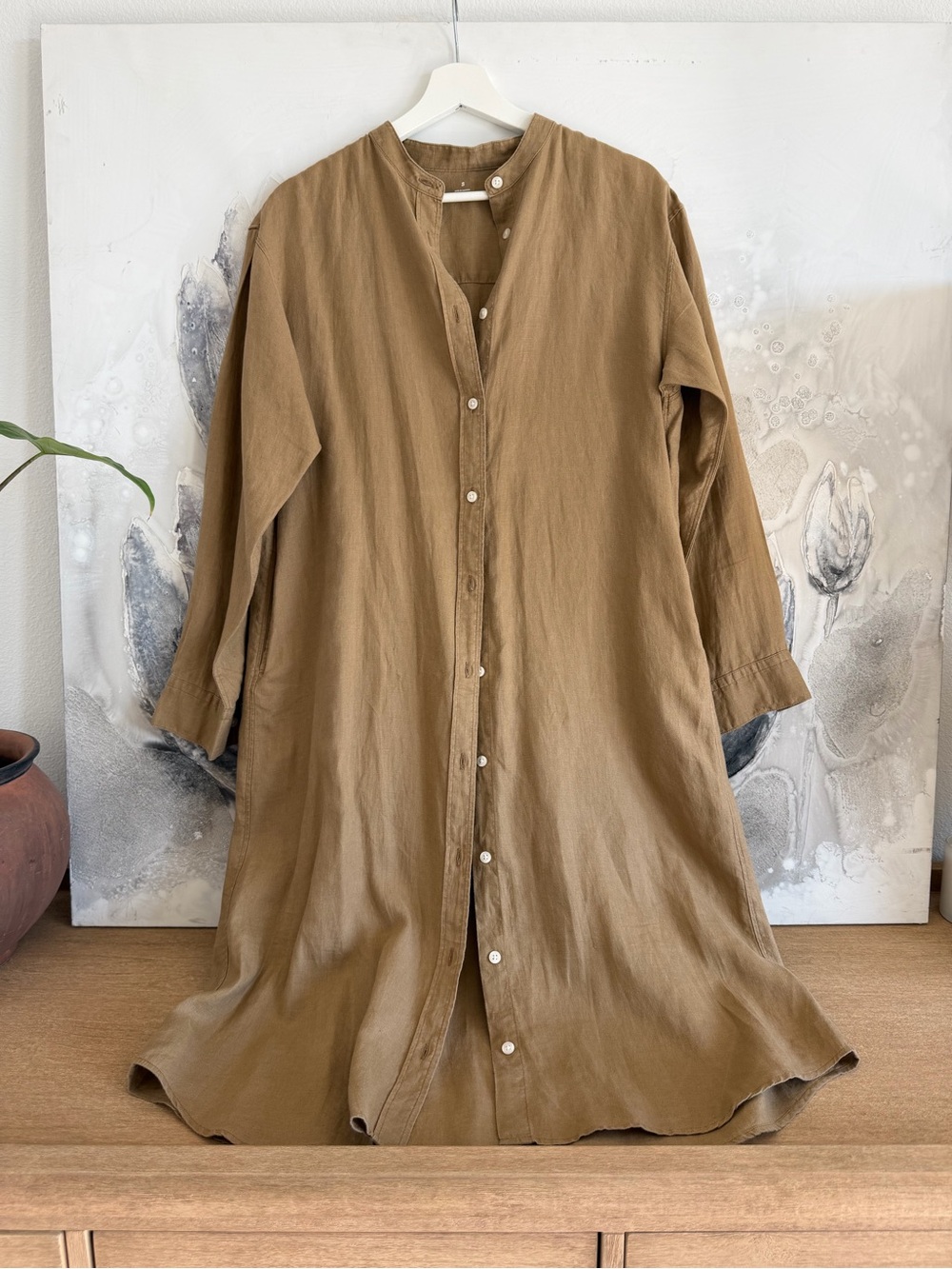 Muji Casual Long Button-Down Shirt in Light Brown